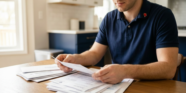 Man sorting through medical bills in a kitchen.