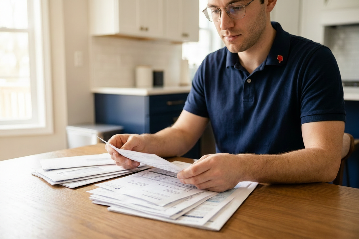 Man sorting through medical bills in a kitchen.