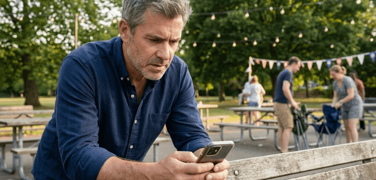 Middle-aged man seated on a park bench reading his phone with a focused, concerned expression after a community event, warm late-afternoon light and a softly blurred picnic area in the background indicating people packing up. The phone screen is visible with a clear app interface, and the scene feels calm, reassuring, and action-oriented.