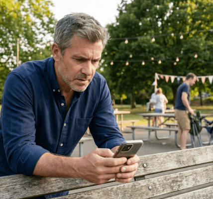 Middle-aged man seated on a park bench reading his phone with a focused, concerned expression after a community event, warm late-afternoon light and a softly blurred picnic area in the background indicating people packing up. The phone screen is visible with a clear app interface, and the scene feels calm, reassuring, and action-oriented.
