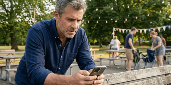 Middle-aged man seated on a park bench reading his phone with a focused, concerned expression after a community event, warm late-afternoon light and a softly blurred picnic area in the background indicating people packing up. The phone screen is visible with a clear app interface, and the scene feels calm, reassuring, and action-oriented.