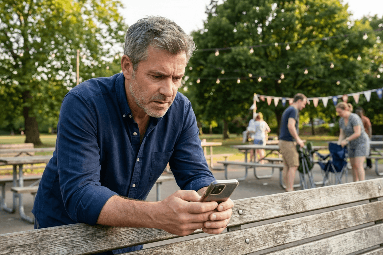 Middle-aged man seated on a park bench reading his phone with a focused, concerned expression after a community event, warm late-afternoon light and a softly blurred picnic area in the background indicating people packing up. The phone screen is visible with a clear app interface, and the scene feels calm, reassuring, and action-oriented.
