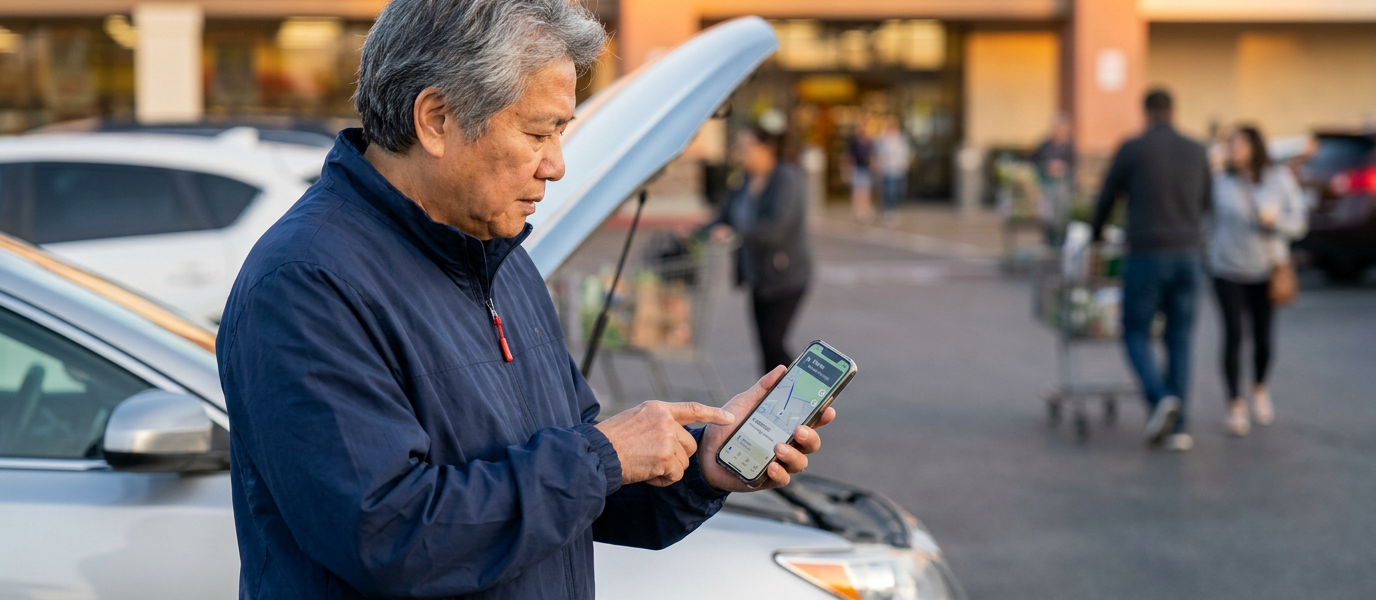 Parent standing beside a stopped car in a parking lot at golden hour, holding a smartphone and calmly checking the screen while gesturing toward the vehicle; composition feels realistic and supportive rather than dramatic.