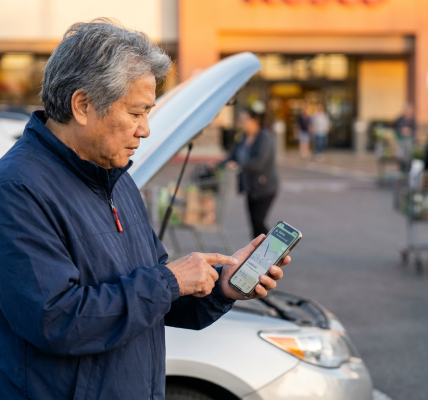Parent standing beside a stopped car in a parking lot at golden hour, holding a smartphone and calmly checking the screen while gesturing toward the vehicle; composition feels realistic and supportive rather than dramatic.