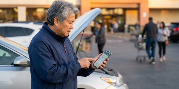 Parent standing beside a stopped car in a parking lot at golden hour, holding a smartphone and calmly checking the screen while gesturing toward the vehicle; composition feels realistic and supportive rather than dramatic.