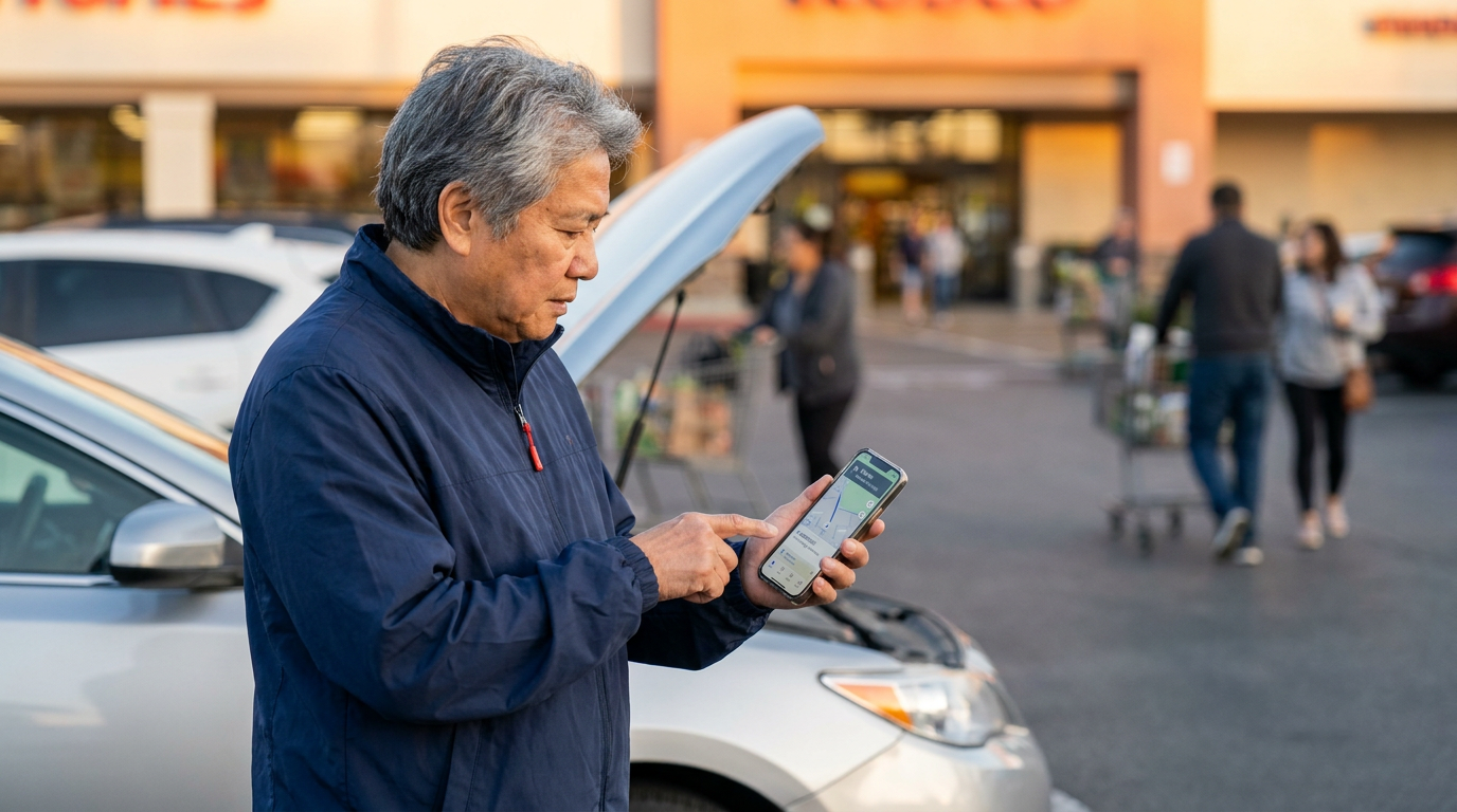Parent standing beside a stopped car in a parking lot at golden hour, holding a smartphone and calmly checking the screen while gesturing toward the vehicle; composition feels realistic and supportive rather than dramatic.