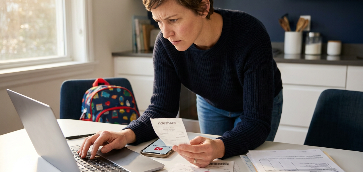 Parent at a kitchen table leaning over medical paperwork, a rideshare receipt, and a phone showing an AI legal assistant, with a child’s backpack nearby to suggest family responsibility and recovery. Warm natural morning light and a clean modern kitchen create an approachable, solution-focused mood.