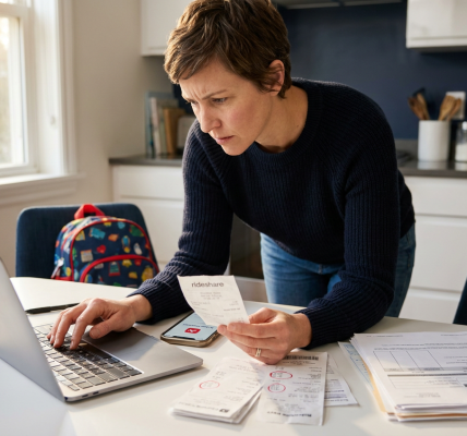 Parent at a kitchen table leaning over medical paperwork, a rideshare receipt, and a phone showing an AI legal assistant, with a child’s backpack nearby to suggest family responsibility and recovery. Warm natural morning light and a clean modern kitchen create an approachable, solution-focused mood.