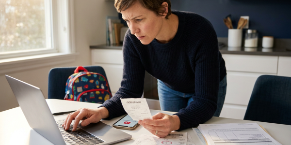 Parent at a kitchen table leaning over medical paperwork, a rideshare receipt, and a phone showing an AI legal assistant, with a child’s backpack nearby to suggest family responsibility and recovery. Warm natural morning light and a clean modern kitchen create an approachable, solution-focused mood.