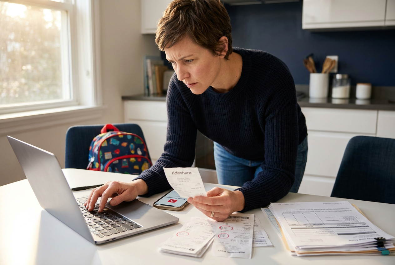 Parent at a kitchen table leaning over medical paperwork, a rideshare receipt, and a phone showing an AI legal assistant, with a child’s backpack nearby to suggest family responsibility and recovery. Warm natural morning light and a clean modern kitchen create an approachable, solution-focused mood.