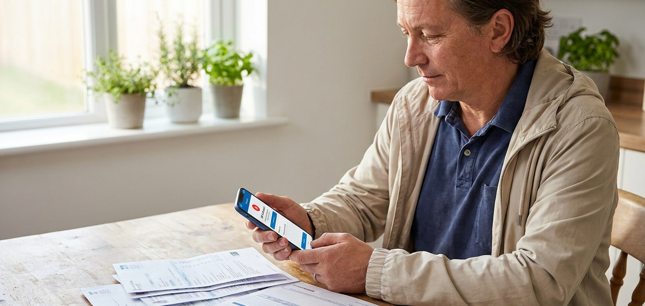 Parent at a kitchen table reviewing medical bills and scrolling a phone showing a legal-assistant interface, papers spread in the foreground and warm morning light coming through a nearby window.