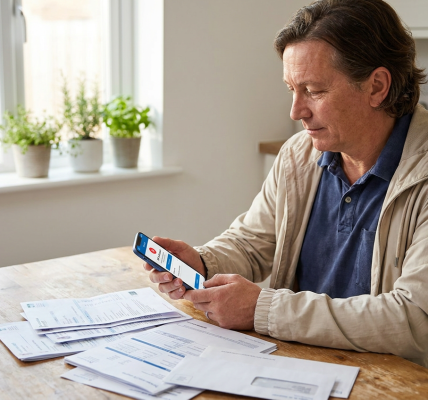 Parent at a kitchen table reviewing medical bills and scrolling a phone showing a legal-assistant interface, papers spread in the foreground and warm morning light coming through a nearby window.