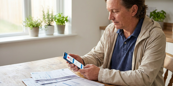 Parent at a kitchen table reviewing medical bills and scrolling a phone showing a legal-assistant interface, papers spread in the foreground and warm morning light coming through a nearby window.