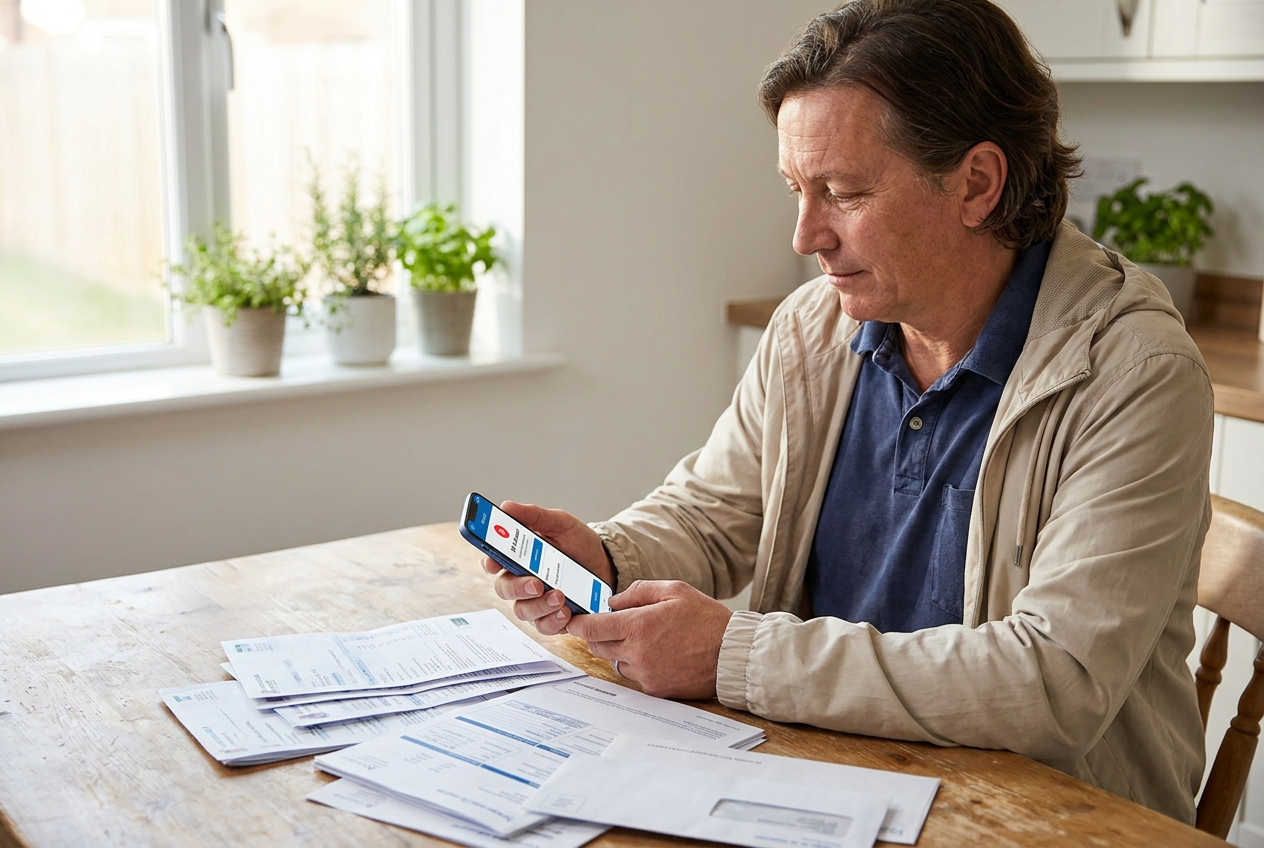 Parent at a kitchen table reviewing medical bills and scrolling a phone showing a legal-assistant interface, papers spread in the foreground and warm morning light coming through a nearby window.