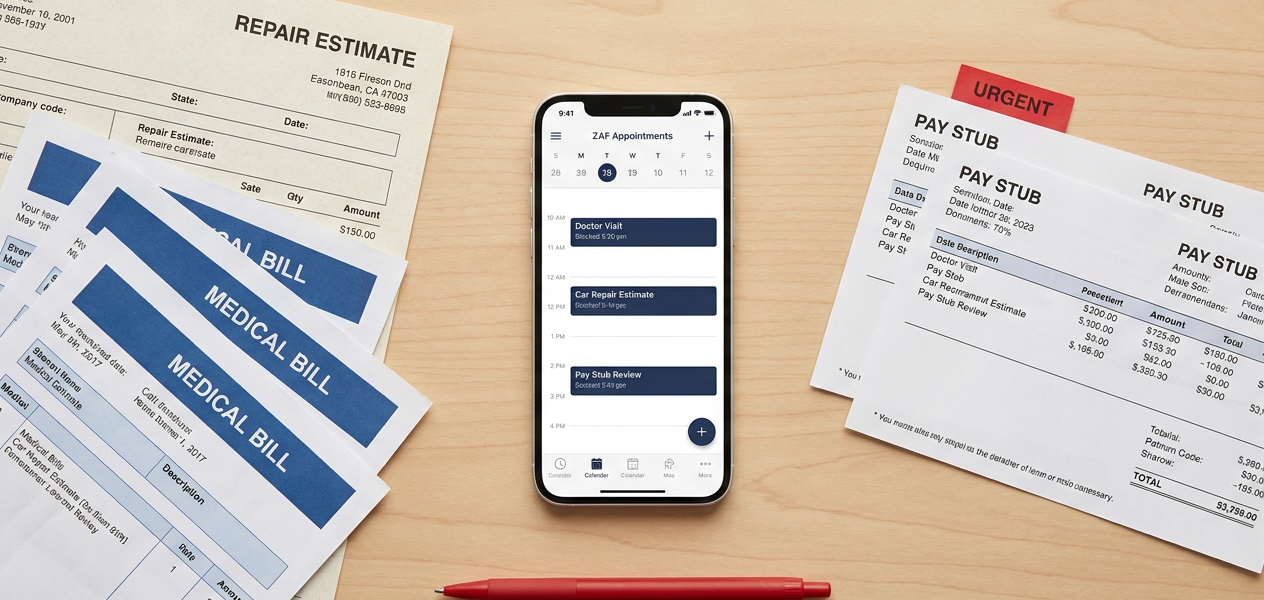 Overhead flat-lay of a table with a phone showing calendar appointment reminders surrounded by medical bills, repair estimates, and pay stubs, arranged neatly with a small red accent for emphasis.