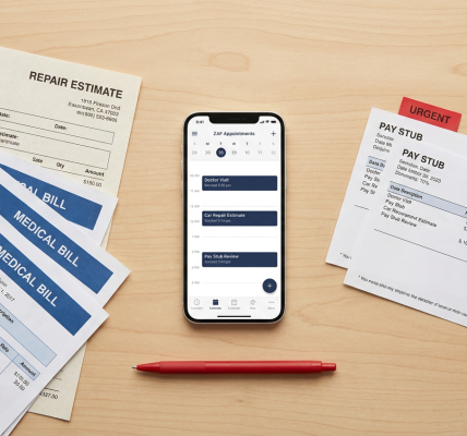 Overhead flat-lay of a table with a phone showing calendar appointment reminders surrounded by medical bills, repair estimates, and pay stubs, arranged neatly with a small red accent for emphasis.