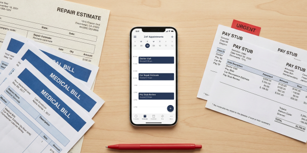 Overhead flat-lay of a table with a phone showing calendar appointment reminders surrounded by medical bills, repair estimates, and pay stubs, arranged neatly with a small red accent for emphasis.