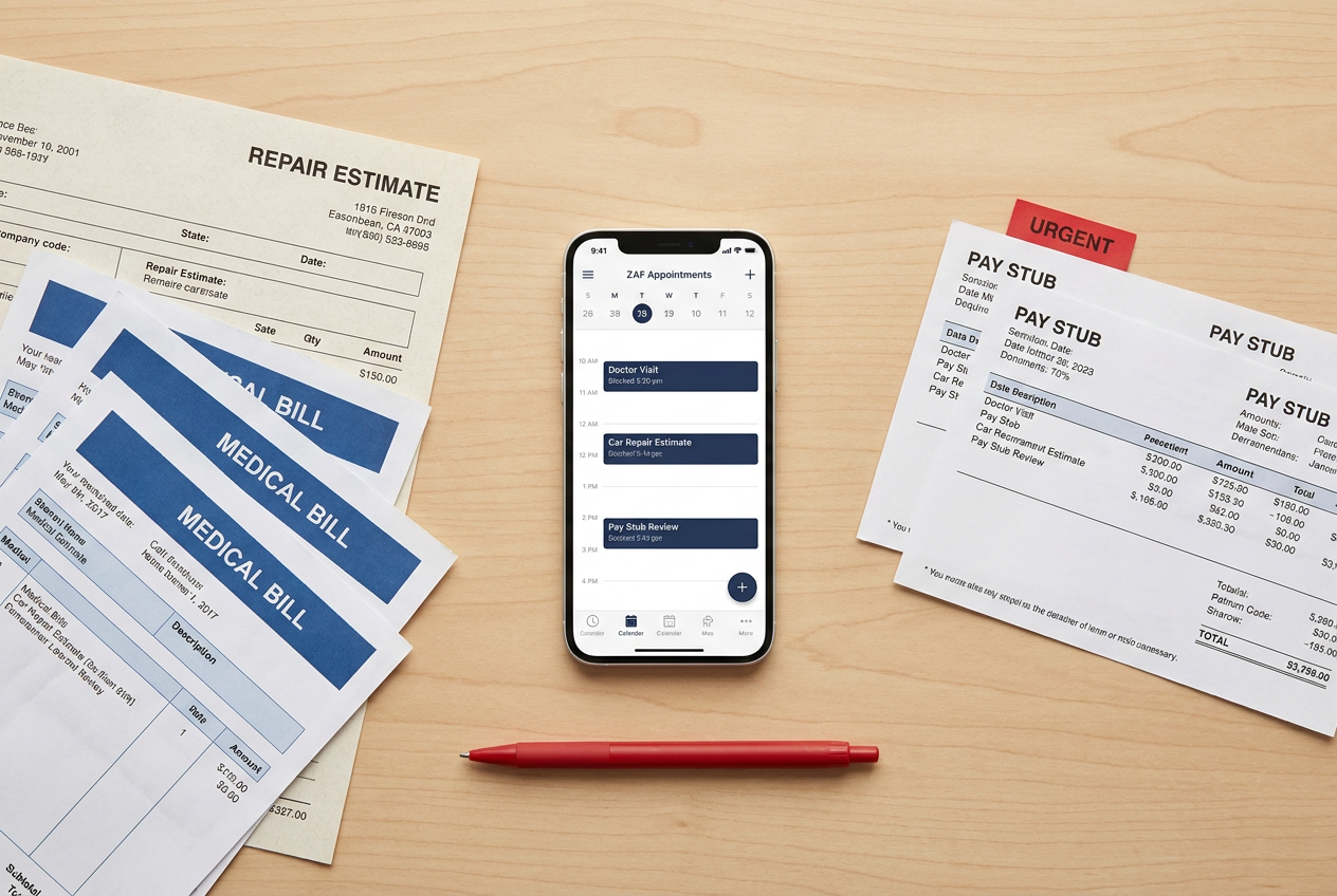 Overhead flat-lay of a table with a phone showing calendar appointment reminders surrounded by medical bills, repair estimates, and pay stubs, arranged neatly with a small red accent for emphasis.