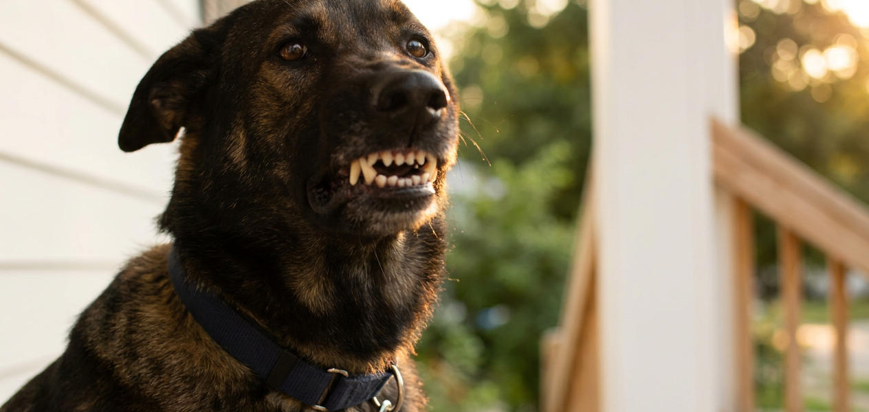 Close-up shot of a black dog sitting on a porch and growling.