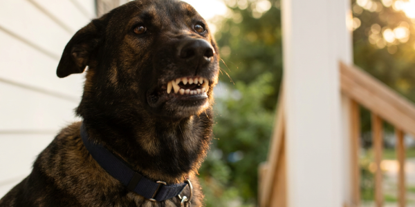 Close-up shot of a black dog sitting on a porch and growling.