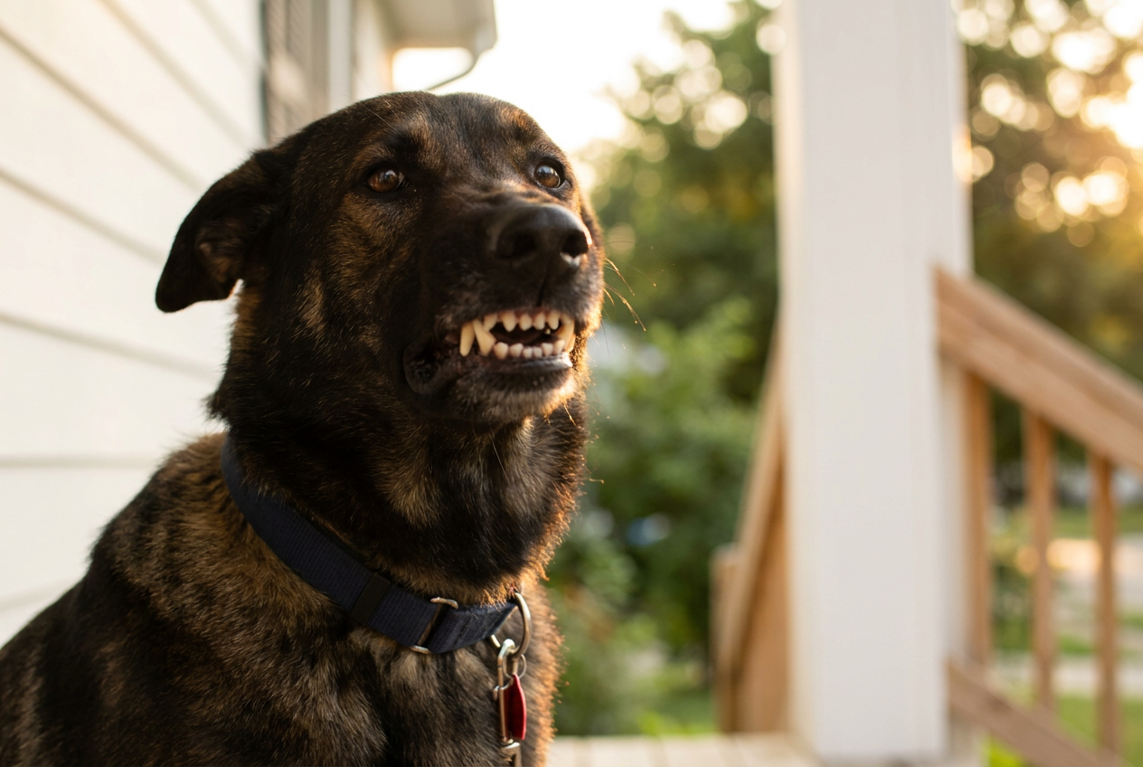 Close-up shot of a black dog sitting on a porch and growling.