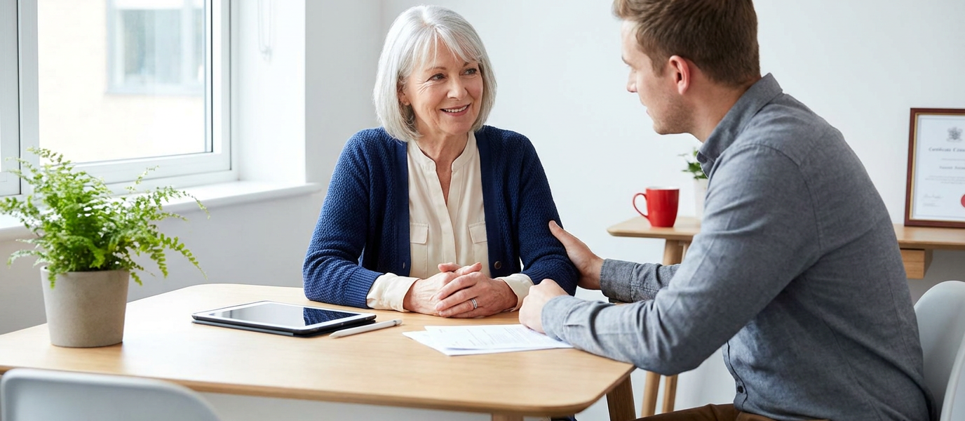 A senior client looks relieved while speaking with a supportive legal professional across a bright table in a modern consultation room with soft natural light and a tablet visible. The scene feels warm, uncluttered, and reassuring, conveying clarity and trusted options without pressure.