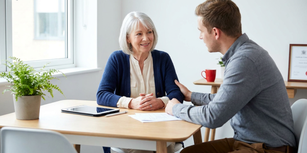 A senior client looks relieved while speaking with a supportive legal professional across a bright table in a modern consultation room with soft natural light and a tablet visible. The scene feels warm, uncluttered, and reassuring, conveying clarity and trusted options without pressure.