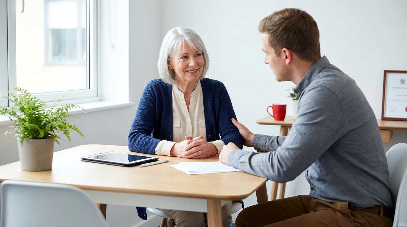 A senior client looks relieved while speaking with a supportive legal professional across a bright table in a modern consultation room with soft natural light and a tablet visible. The scene feels warm, uncluttered, and reassuring, conveying clarity and trusted options without pressure.