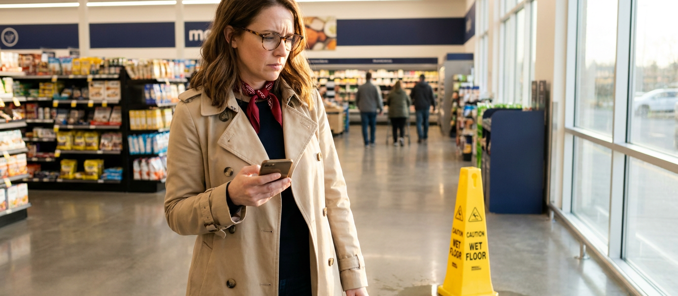 Shopper in a grocery aisle holding a phone and looking at a wet floor sign by a small spill, lit with warm natural light and a clean, uncluttered background to emphasize reassurance and action.