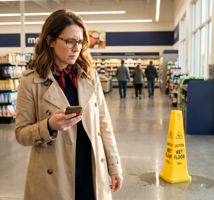 Shopper in a grocery aisle holding a phone and looking at a wet floor sign by a small spill, lit with warm natural light and a clean, uncluttered background to emphasize reassurance and action.