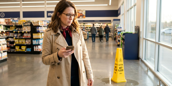 Shopper in a grocery aisle holding a phone and looking at a wet floor sign by a small spill, lit with warm natural light and a clean, uncluttered background to emphasize reassurance and action.
