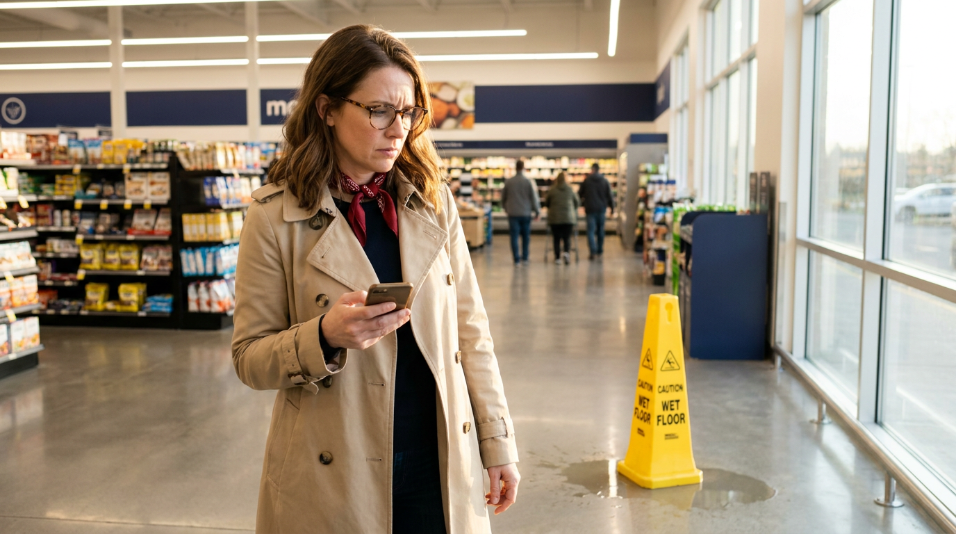 Shopper in a grocery aisle holding a phone and looking at a wet floor sign by a small spill, lit with warm natural light and a clean, uncluttered background to emphasize reassurance and action.