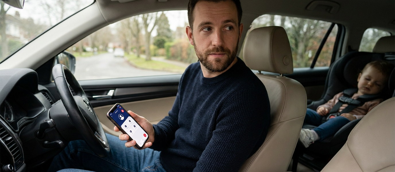 Single parent sitting in a parked car checks a smartphone while glancing at a rear child car seat, appearing calm and attentive in soft natural daylight; navy clothing and a subtle app screen emphasize action and reassurance.