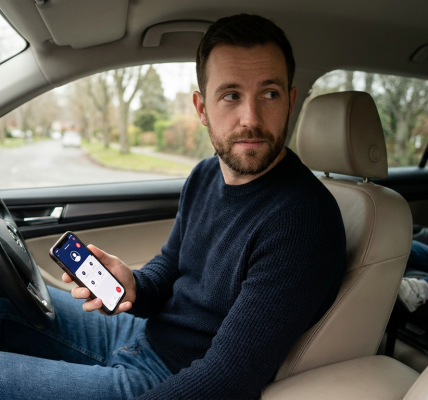 Single parent sitting in a parked car checks a smartphone while glancing at a rear child car seat, appearing calm and attentive in soft natural daylight; navy clothing and a subtle app screen emphasize action and reassurance.