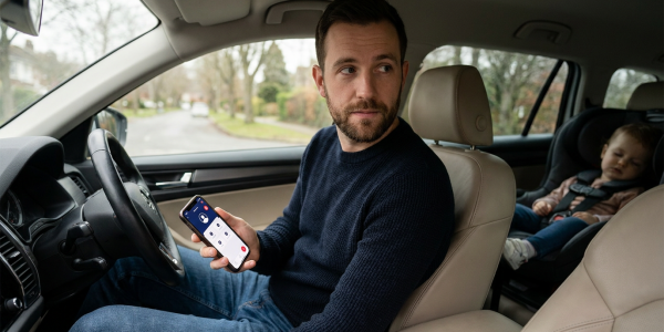 Single parent sitting in a parked car checks a smartphone while glancing at a rear child car seat, appearing calm and attentive in soft natural daylight; navy clothing and a subtle app screen emphasize action and reassurance.
