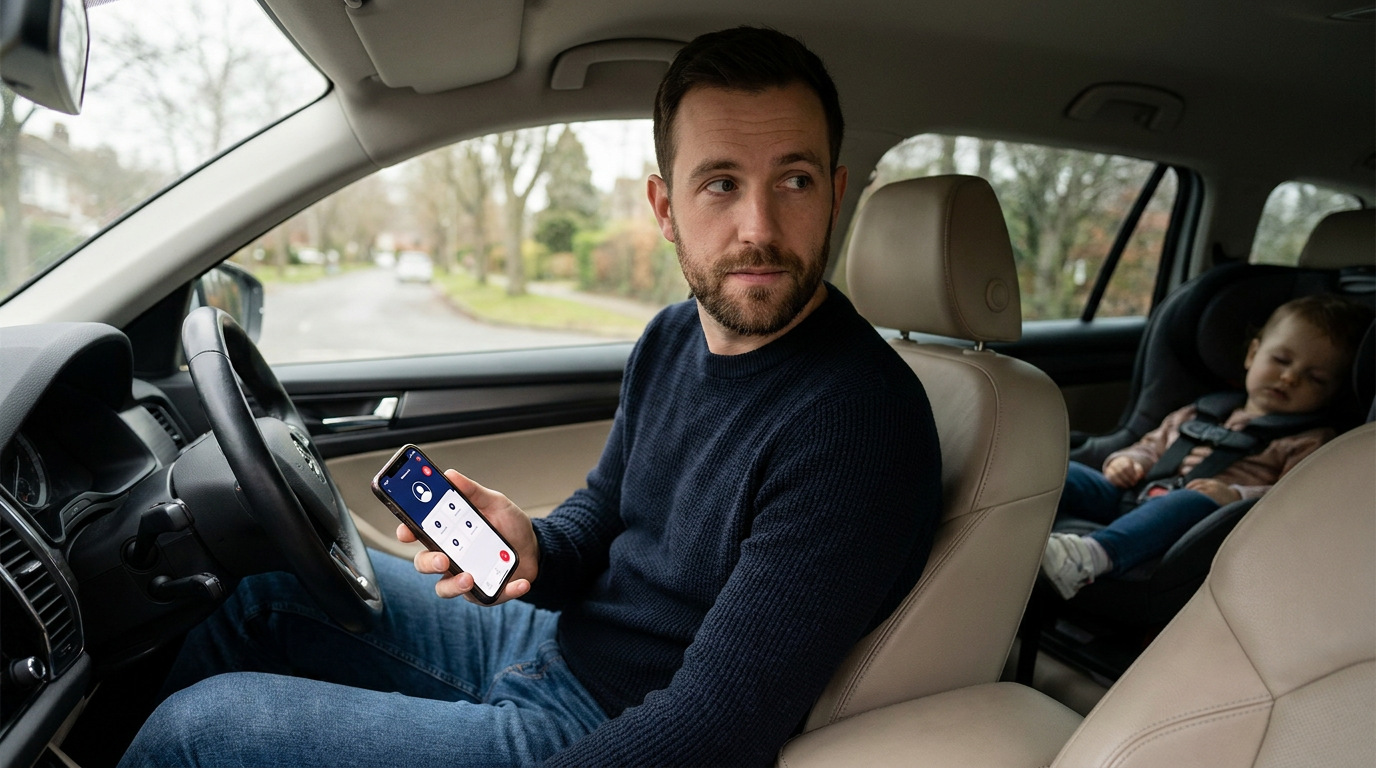Single parent sitting in a parked car checks a smartphone while glancing at a rear child car seat, appearing calm and attentive in soft natural daylight; navy clothing and a subtle app screen emphasize action and reassurance.