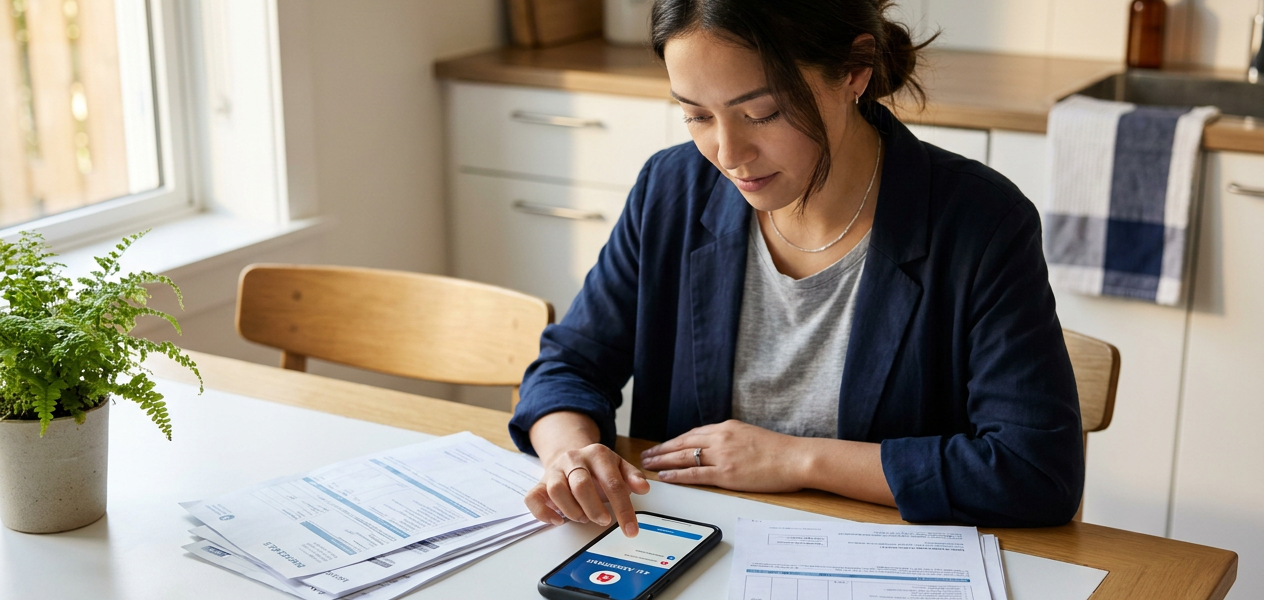 Single parent at a kitchen table taps a phone while reviewing a spread of medical bills and insurance paperwork in warm natural light, with the app interface visible on the screen to convey calm, available help.