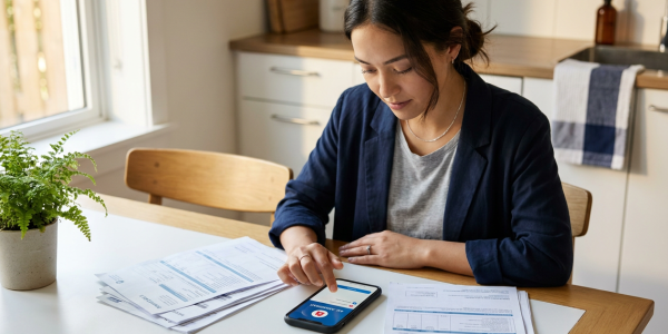 Single parent at a kitchen table taps a phone while reviewing a spread of medical bills and insurance paperwork in warm natural light, with the app interface visible on the screen to convey calm, available help.