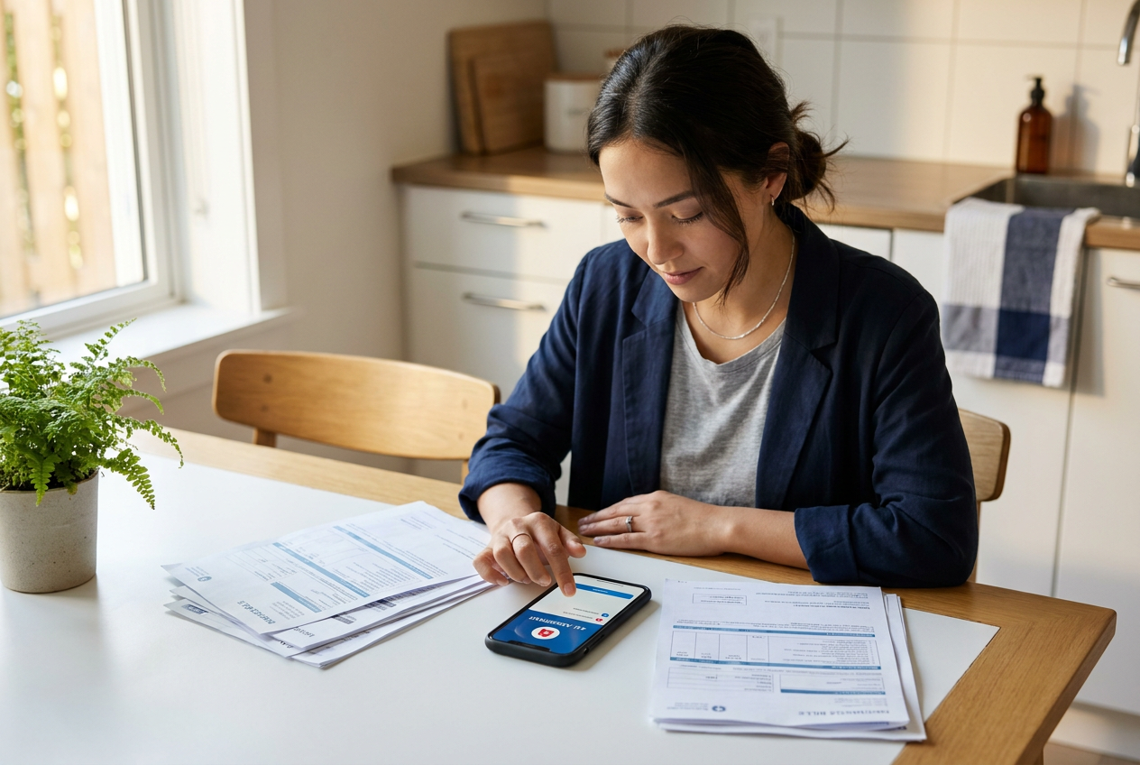 Single parent at a kitchen table taps a phone while reviewing a spread of medical bills and insurance paperwork in warm natural light, with the app interface visible on the screen to convey calm, available help.