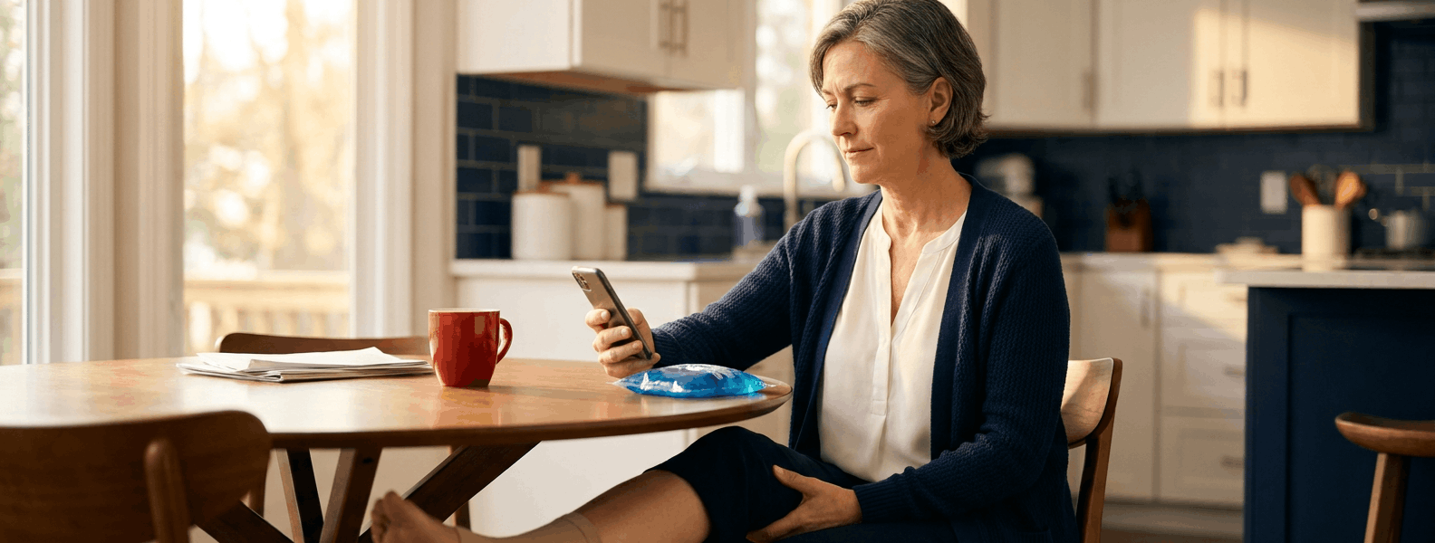 Person at a kitchen table checking a slip-and-fall claim on their phone, with subtle recovery cues nearby and soft natural light.