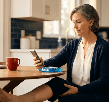 Person at a kitchen table checking a slip-and-fall claim on their phone, with subtle recovery cues nearby and soft natural light.
