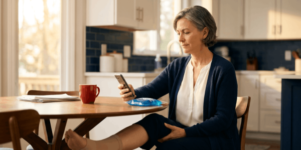 Person at a kitchen table checking a slip-and-fall claim on their phone, with subtle recovery cues nearby and soft natural light.