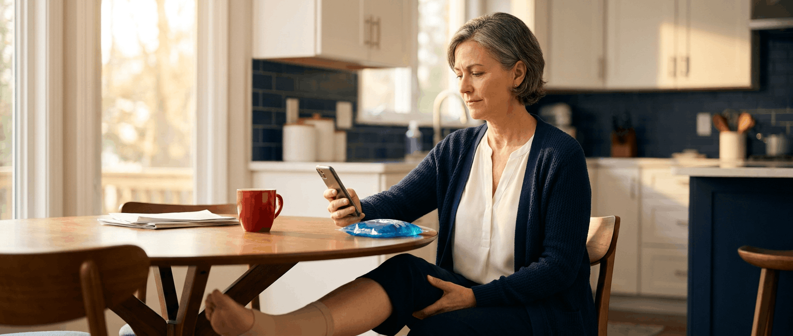 Person at a kitchen table checking a slip-and-fall claim on their phone, with subtle recovery cues nearby and soft natural light.