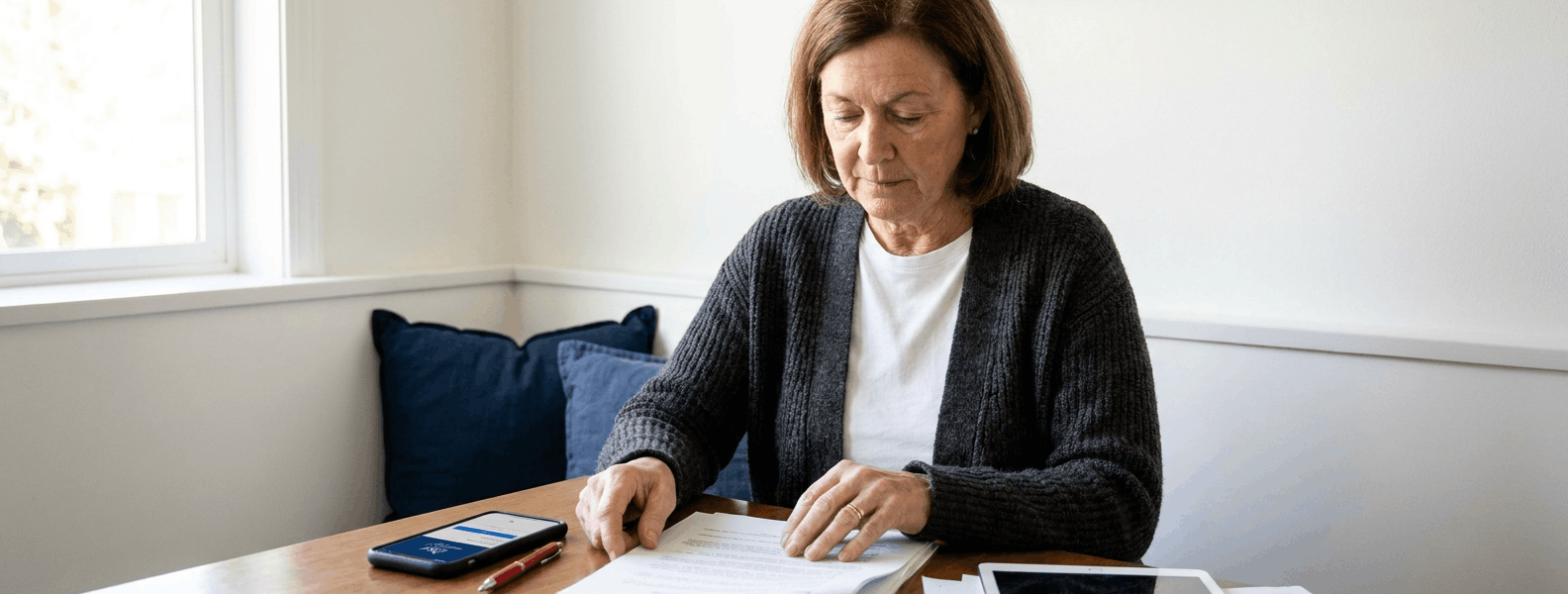 An older woman with reddish-brown hair sits at a wooden table in a bright room, reviewing legal documents.