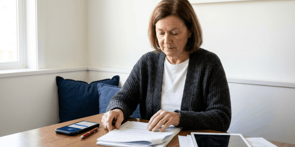 An older woman with reddish-brown hair sits at a wooden table in a bright room, reviewing legal documents.
