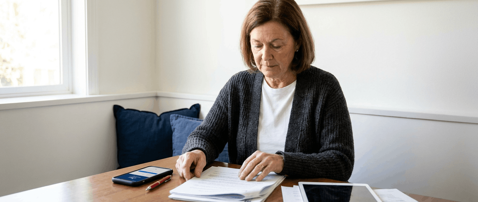 An older woman with reddish-brown hair sits at a wooden table in a bright room, reviewing legal documents.