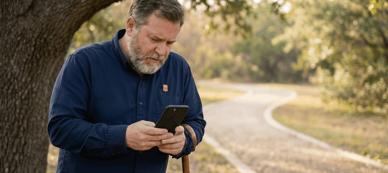 Middle-aged volunteer standing in a quiet park looking at a smartphone, expression shifting from concern to calm in warm morning light with shallow depth of field.