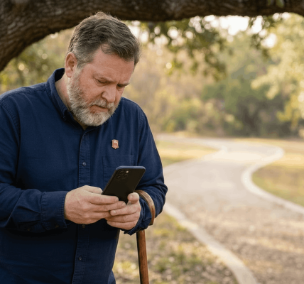 Middle-aged volunteer standing in a quiet park looking at a smartphone, expression shifting from concern to calm in warm morning light with shallow depth of field.