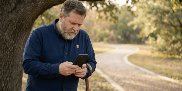 Middle-aged volunteer standing in a quiet park looking at a smartphone, expression shifting from concern to calm in warm morning light with shallow depth of field.