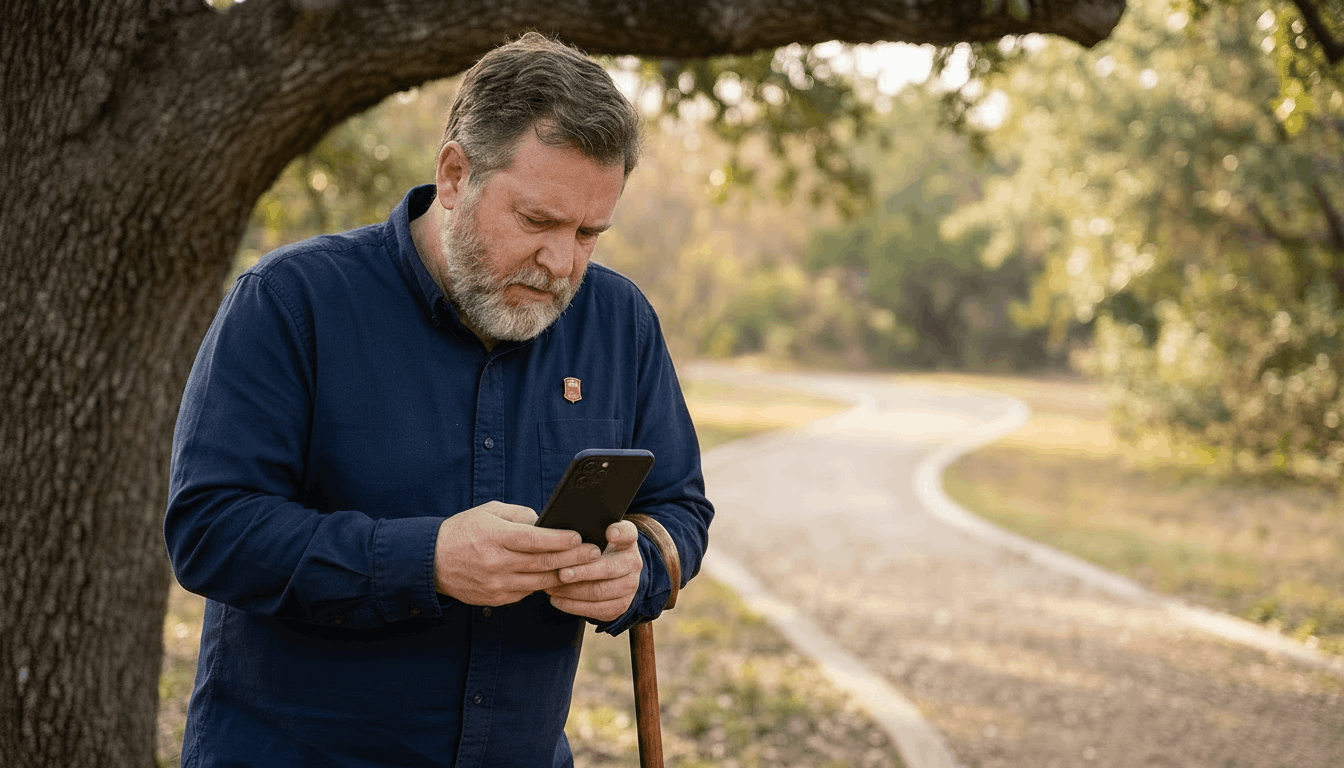 Middle-aged volunteer standing in a quiet park looking at a smartphone, expression shifting from concern to calm in warm morning light with shallow depth of field.